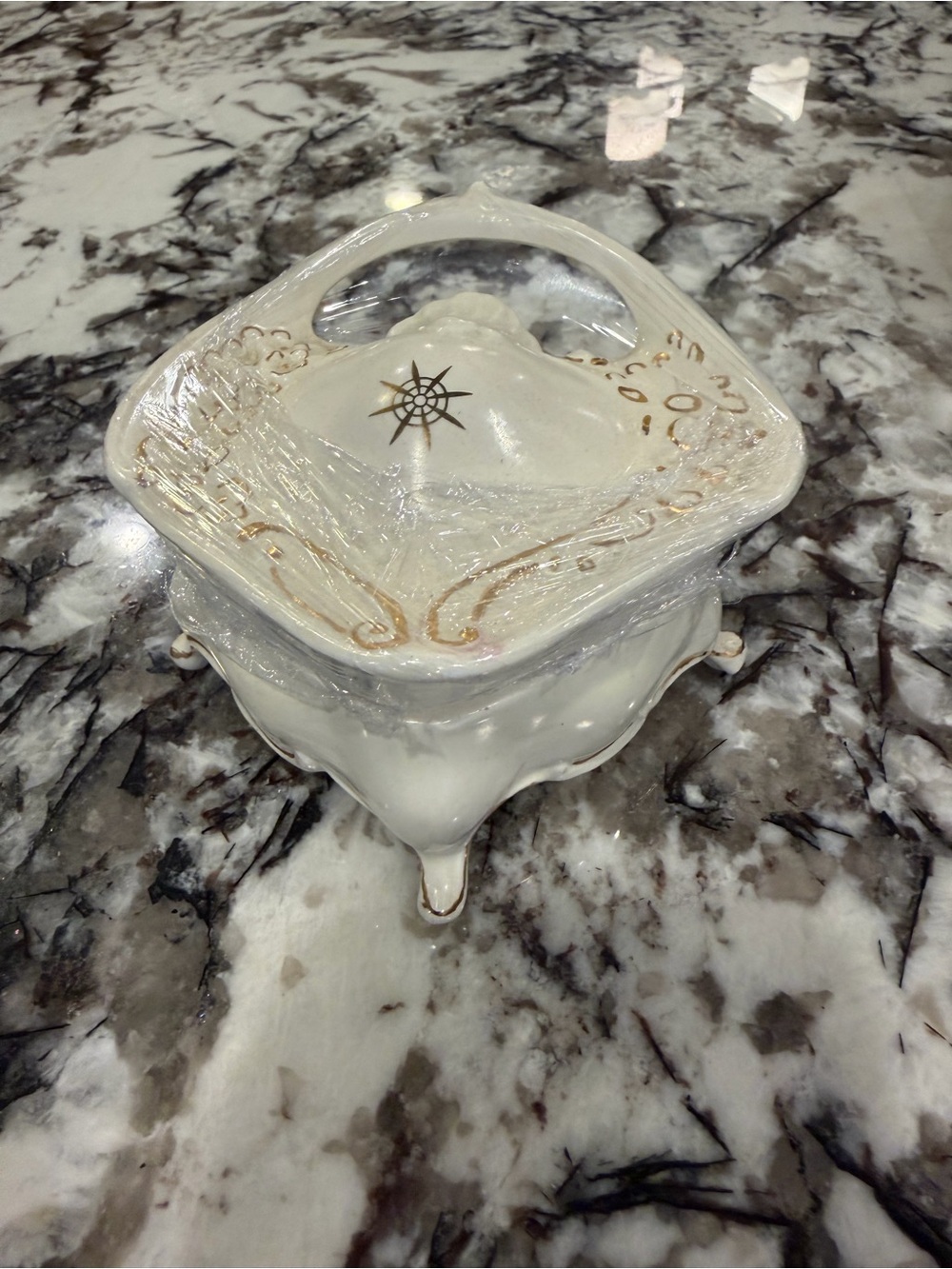Vintage Fine Porcelain Handled Ivory and Gold Trinket Dish